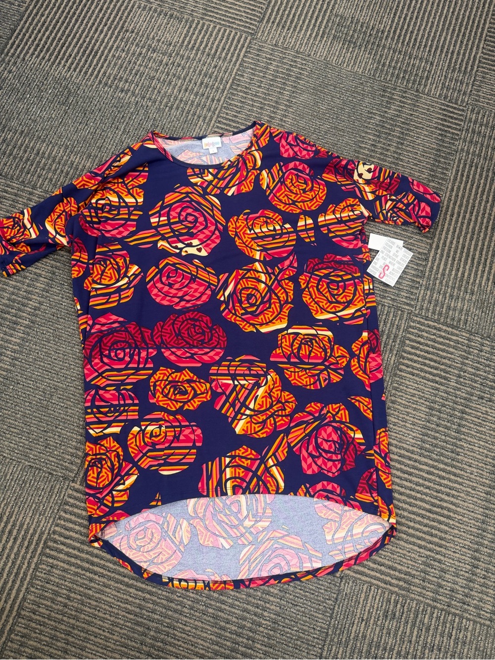 NWT LuLaRoe Irma Navy Top Pink Orange Rose Print Sz Small